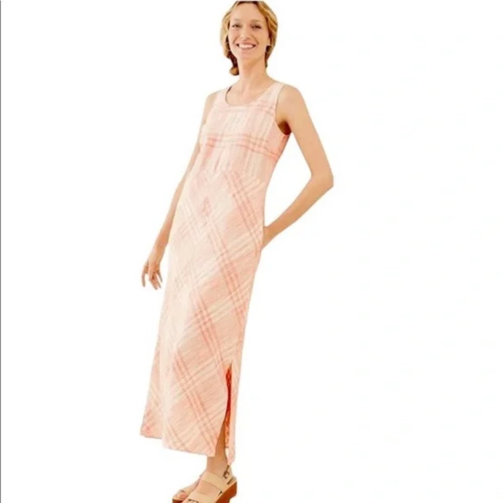 J. Jill Love Linen Coral White Bias Plaid Sleeveless Maxi Dress Size Medium